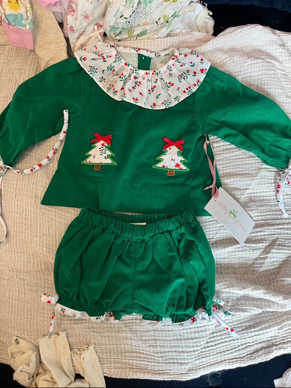 Green Kids Matching Set with Festive Tree Appliqué - Cecil and Lou